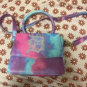 Fashion Nova Tie-Dye Pink & Blue Rhinestone D Crossbody Bag